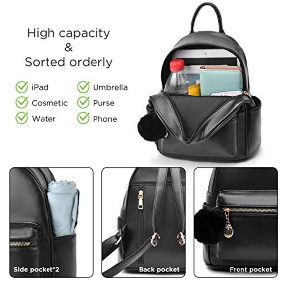 Mini Vegan Leather Backpack Purse with Pompom, Adjustable Straps, 4 Pockets main image 6